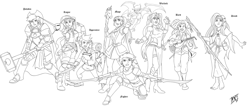 Size: 2273x1000 | Tagged: safe, artist:mono-phos, applejack, fluttershy, pinkie pie, rainbow dash, rarity, spike, sunset shimmer, twilight sparkle, human, adventurers, adventuring party, apprentice, armor, bard, barefoot, black and white, breasts, cleavage, crossover, druid, dungeons and dragons, fantasy, fantasy class, feet, female, fighter, flutterdruid, grayscale, group, humanized, knight, lineart, mage, mane seven, mane six, monochrome, paladin, party, rogue, roleplay, roleplaying, sword, warlock, warrior, weapon
