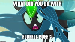 Size: 710x400 | Tagged: safe, edit, edited screencap, screencap, queen chrysalis, oc, oc:fluffle puff, changeling, changeling queen, to where and back again, angry, female, former queen chrysalis, glowing horn, image macro, meme, solo