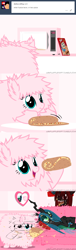 Size: 650x2125 | Tagged: safe, artist:mixermike622, queen chrysalis, oc, oc:fluffle puff, oc:marksaline, changeling, changeling queen, pony, ask, burrito, comic, food, messy, microwave, mouth hold, pizza, sofa, tumblr, tumblr:ask fluffle puff