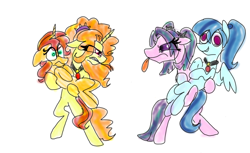 Size: 1440x880 | Tagged: safe, artist:peanutbuttersqaures, adagio dazzle, aria blaze, sonata dusk, sunset shimmer, pony, arisona, bridal carry, carrying, female, lesbian, ponified, shipping, sunsagio, the dazzlings, tongue out