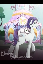 Size: 585x862 | Tagged: safe, artist:pocki07, alexanderite, elusive, opalescence, rarity, pony, unicorn, riding, rule 63