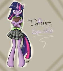 Size: 800x900 | Tagged: safe, artist:chiakitasso, derpibooru import, twilight sparkle, anthro, book, clothes, misspelling, skinny, skirt