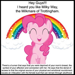 Size: 653x654 | Tagged: safe, pinkie pie, oc, oc:milky way, pony, eyes closed, female, mare, psychology, rainbow, sigmund freud, solo