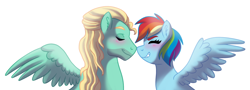 Size: 1280x459 | Tagged: safe, artist:cascayd, derpibooru import, rainbow dash, zephyr breeze, pegasus, pony, alternate hairstyle, blushing, cute, dashabetes, female, male, nose to nose, nuzzling, profile, shipping, simple background, smiling, smirk, spread wings, straight, white background, wings, zephdash, zephyrbetes