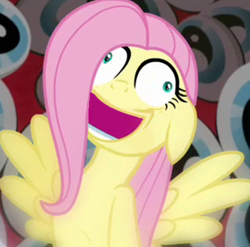 Size: 576x568 | Tagged: safe, edit, edited screencap, screencap, fluttershy, pegasus, pony, hurricane fluttershy, insanity, inverted mouth, laughing mad, nightmare fuel