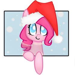 Size: 1000x1000 | Tagged: safe, artist:jonah-yeoj, pinkie pie, earth pony, pony, christmas, colored pupils, cute, diapinkes, fourth wall, hat, out of frame, santa hat, snow, snowfall, solo