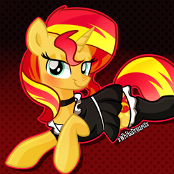 Size: 1000x1000 | Tagged: safe, artist:xwhitedreamsx, sunset shimmer, pony, unicorn, clothes, dress, maid, solo, stockings