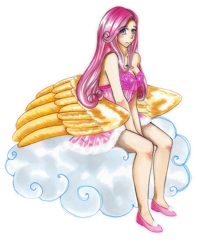 Size: 871x1100 | Tagged: safe, artist:noire-ighaan, fluttershy, clothes, cloud, dress, humanized, shoulderless, sitting, solo, traditional art, winged humanization