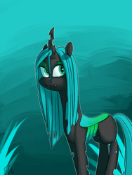 Size: 900x1200 | Tagged: safe, artist:passigcamel, queen chrysalis, changeling, changeling queen, eyeshadow, fangs, grass, looking back, makeup, signature, solo