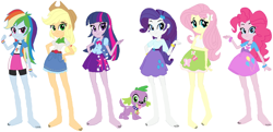 Size: 1024x497 | Tagged: safe, artist:chipmunkraccoon2, derpibooru import, applejack, pinkie pie, rainbow dash, rarity, spike, twilight sparkle, dog, equestria girls, barefoot, eqg promo pose set, feet, spike the dog