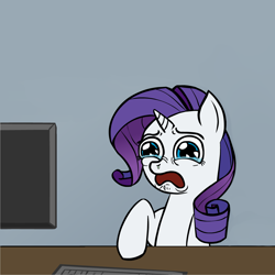 Size: 1160x1160 | Tagged: dead source, safe, rarity, pony, unicorn, biporarity, computer, crying, reaction image, sad, solo