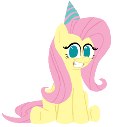 Size: 417x463 | Tagged: safe, artist:ponett, fluttershy, pegasus, pony, female, hat, mare, open mouth, party hat, simple background, sitting, smiling, solo, transparent background