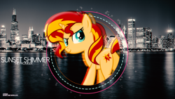 Size: 1920x1080 | Tagged: safe, artist:90sigma, artist:illumnious, edit, sunset shimmer, pony, unicorn, chicago, city, cutie mark, photo, plot, shore, vector, wallpaper, wallpaper edit