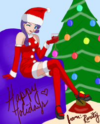 Size: 500x620 | Tagged: safe, artist:danteskitten, rarity, christmas, clothes, evening gloves, hat, humanized, santa costume, santa hat, skinny, stockings, wine