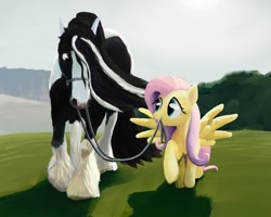 Size: 1000x800 | Tagged: safe, artist:lostdragon01, fluttershy, oc, horse, pegasus, pony, bridle, cute, eye contact, female, field, fluffy, grin, gypsy vanner, hair over one eye, horse-pony interaction, leash, looking at each other, looking back, male, mare, mouth hold, raised hoof, reins, shyabetes, sideways glance, smiling, spread wings, stallion, tack, unshorn fetlocks, walking, wings