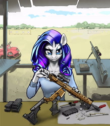 Size: 2894x3322 | Tagged: safe, artist:vombavr, rarity, anthro, unicorn, aimpoint, ar15, comp m2, female, gun, horn, magpul, optical sight, picatinny rail, reflex sight, rifle, sniper rifle, solo, weapon