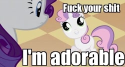 Size: 400x214 | Tagged: safe, rarity, sweetie belle, pony, unicorn, cute, diasweetes, image macro, vulgar