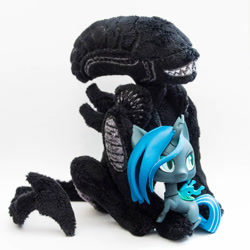 Size: 1400x1400 | Tagged: safe, artist:valmiiki, queen chrysalis, alien, changeling, changeling queen, alien (franchise), antagonist, bff, chibi, duo, embrace, female, figure, friendship, irl, photo, plushie, simple background, toy, welovefine, white background, xenomorph