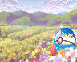 Size: 900x720 | Tagged: safe, artist:phantomjett, fluttershy, pegasus, pony, crossover, flower, pokéball, pokémon, scenery