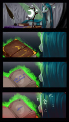 Size: 1240x2191 | Tagged: safe, artist:begasus, queen chrysalis, changeling, changeling queen, book, comic, diary, prone, question mark, reading