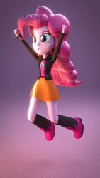 Size: 1080x1920 | Tagged: safe, artist:creatorofpony, pinkie pie, sunset shimmer, equestria girls, /mlp/, 3d, 3d model, blender, boots, clothes, clothes swap, jacket, jumping, skirt, solo