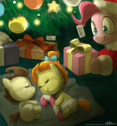 Size: 900x964 | Tagged: safe, artist:johnjoseco, pinkie pie, pound cake, pumpkin cake, earth pony, pony, candy cane, christmas, christmas tree, clothes, cute, diaper, diapinkes, hat, present, santa costume, santa hat, sleeping, tree