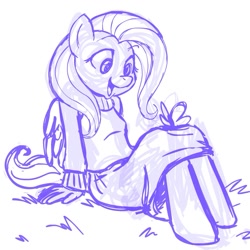 Size: 945x945 | Tagged: safe, artist:megasweet, fluttershy, anthro, butterfly, clothes, monochrome, outdoors, sitting, sketch, skirt, sweater, sweatershy