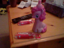 Size: 640x480 | Tagged: safe, gummy, pinkie pie, earth pony, pony, christmas, photo, soap pump, visual pun