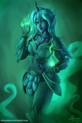 Size: 4000x6000 | Tagged: safe, artist:mricantdraw, queen chrysalis, human, absurd resolution, armor, breasts, cleavage, eared humanization, fantasy, female, horned humanization, humanized, magic, pony coloring, queen chrysaltits, solo, wallpaper