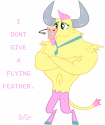 Size: 1200x1428 | Tagged: safe, artist:kyute-kitsune, fluttershy, iron will, colored hooves, crossed arms, dialogue, fusion, nose piercing, nose ring, palette swap, piercing, recolor, simple background, solo, text, white background