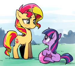 Size: 400x350 | Tagged: safe, artist:baekgup, sunset shimmer, twilight sparkle, pony, unicorn, alternate universe, ball, filly, filly twilight sparkle, younger