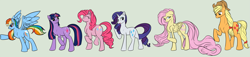 Size: 3055x701 | Tagged: safe, artist:registered111, derpibooru import, applejack, fluttershy, pinkie pie, rainbow dash, rarity, twilight sparkle, earth pony, pegasus, pony, unicorn, mane six, size chart