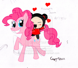 Size: 600x526 | Tagged: safe, artist:apcappucca222, pinkie pie, earth pony, pony, crossover, deviantart watermark, heart, pucca, signature, watermark