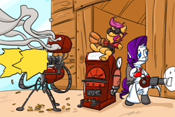 Size: 900x600 | Tagged: safe, rarity, scootaloo, pony, unicorn, crossover, drawfag, engineer, medic, sentry, team fortress 2