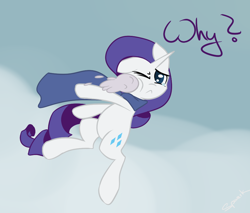 Size: 940x801 | Tagged: dead source, safe, artist:spaerk, rarity, pony, unicorn, clothes, crying, dialogue, female, mare, scarf, snow, snowball, solo, tears of pain, teary eyes