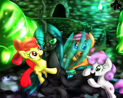 Size: 2500x2000 | Tagged: safe, artist:katakiuchi4u, apple bloom, queen chrysalis, scootaloo, sweetie belle, changeling, changeling queen, babysitting, changeling hive, cocoon, cutie mark crusaders, group, happy, looking at you, smiling, unamused