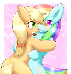 Size: 877x920 | Tagged: safe, artist:runamon, derpibooru import, applejack, rainbow dash, earth pony, pegasus, pony, appledash, blushing, chocolate, female, hearts and hooves day, lesbian, mouth hold, pixiv, shipping