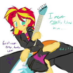 Size: 528x528 | Tagged: safe, artist:frist44, sunset shimmer, equestria girls, 30 minute art challenge, blushing, guitar, implied flashimmer, implied shipping, implied straight, quality