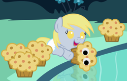 Size: 5000x3200 | Tagged: safe, artist:beavernator, derpy hooves, pony, baby, baby pony, cave, cave pool, diaper, filly, foal, googly eyes, mirror pool, muffin, that pony sure does love muffins