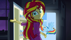 Size: 960x540 | Tagged: safe, edit, edited screencap, screencap, rainbow dash, sunset shimmer, equestria girls, rainbow rocks, sonic rainboom (episode), exploitable meme, meme, pinkie's refrigerator, refrigerator