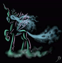 Size: 4500x4510 | Tagged: safe, artist:angelbee23, queen chrysalis, changeling, changeling queen, absurd resolution, design, female, fog, raised hoof, shirt design, simple background, solo