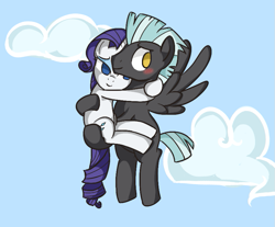 Size: 847x700 | Tagged: safe, artist:happyendingfactory, rarity, thunderlane, pony, unicorn, blushing, female, hug, male, rarilane, shipping, straight