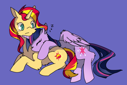 Size: 1746x1172 | Tagged: safe, artist:hisshi shoujo, sunset shimmer, twilight sparkle, twilight sparkle (alicorn), alicorn, pony, unicorn, cuddling, female, fluffy, lesbian, shipping, sleeping, snuggling, sunsetsparkle, zzz