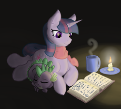 Size: 1000x900 | Tagged: safe, artist:geomancing, derpibooru import, spike, twilight sparkle, dragon, book, candle, clothes, cup, food, scarf, sleeping, steam, tea, teacup