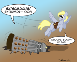 Size: 800x640 | Tagged: safe, artist:the_gneech, part of a set, derpy hooves, pegasus, pony, crossover, dalek, dialogue, female, gradient background, mailbag, mare