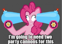 Size: 590x420 | Tagged: safe, pinkie pie, earth pony, pony, image macro, party cannon, reaction image, suicide