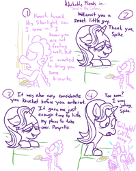 Size: 4779x6013 | Tagged: safe, artist:adorkabletwilightandfriends, spike, starlight glimmer, dragon, pony, comic:adorkable twilight and friends, absurd resolution, adorkable friends, bed, biscuits, comic, flu, lineart, panic, sick, slice of life