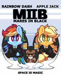 Size: 760x944 | Tagged: safe, artist:php56, derpibooru import, applejack, rainbow dash, winona, earth pony, pegasus, pony, chibi, cider, clothes, men in black, parody, sunglasses