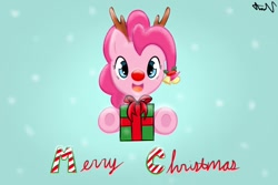 Size: 900x600 | Tagged: safe, artist:ligerstorm, pinkie pie, earth pony, pony, bells, christmas, present, red nose