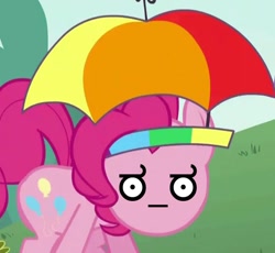 Size: 852x784 | Tagged: safe, edit, edited screencap, screencap, pinkie pie, earth pony, pony, feeling pinkie keen, female, hat, look of disapproval, mare, umbrella hat